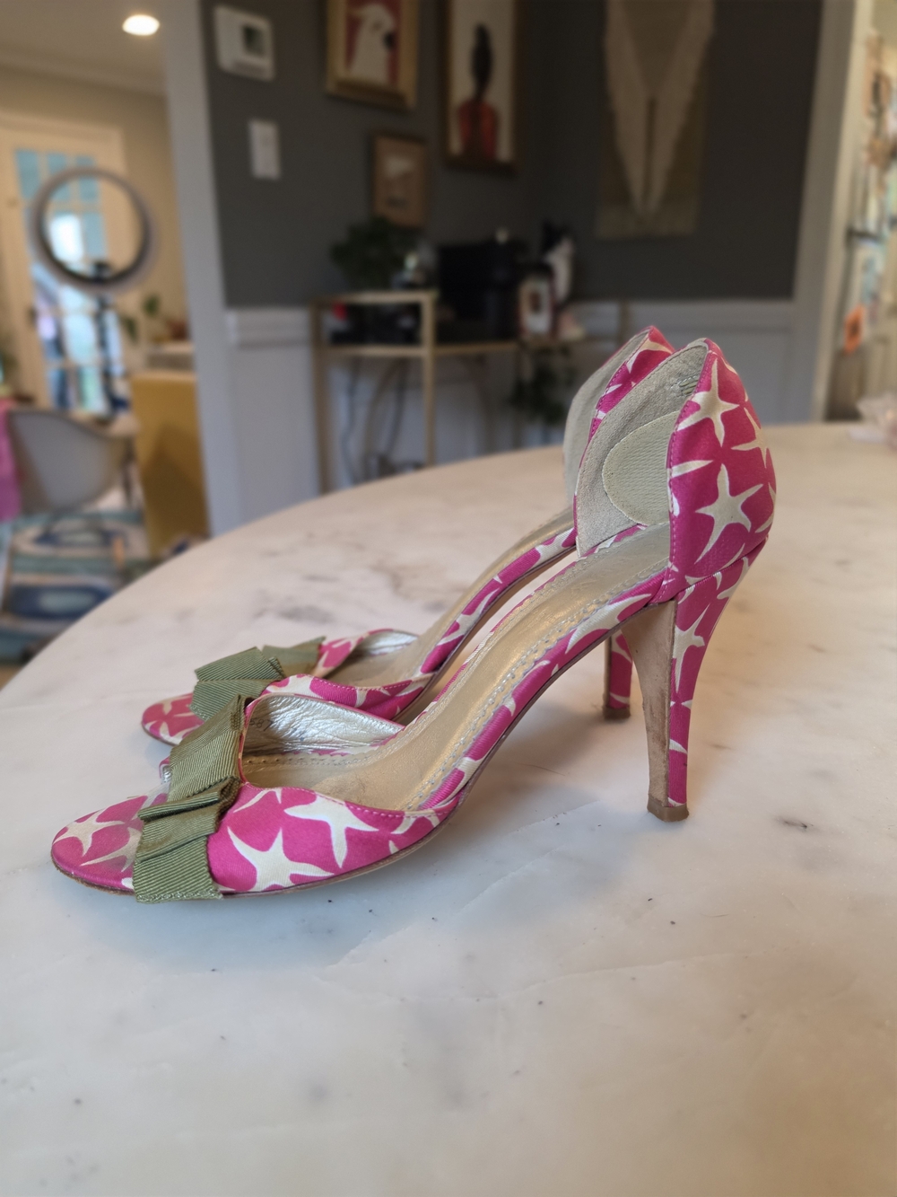 J. Crew Pink D'orasy Starfish Patterned Bow Peep-Toe Heels Size 7.5 Y2k